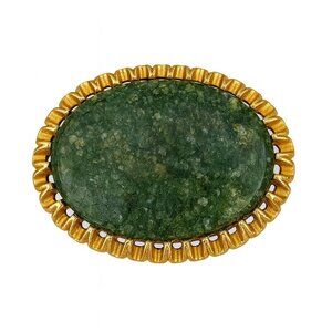 Vintage Large Jade Oval Ruffle Edge Gold Tone Brooch Pin